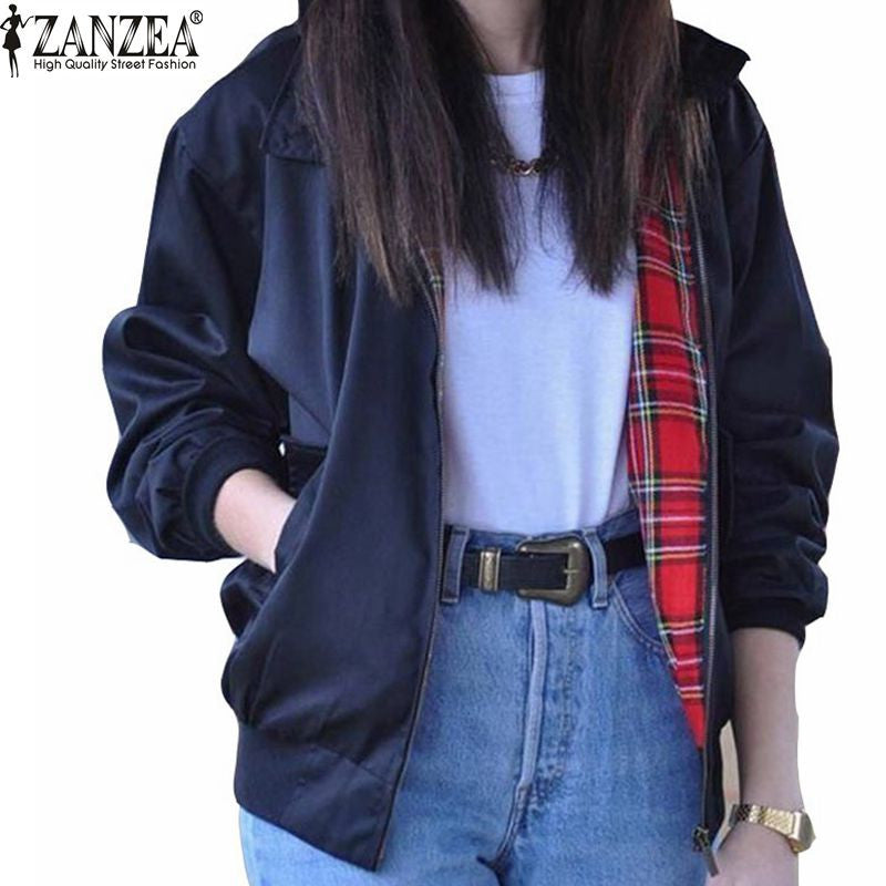 Zanzea Fashion Coats 2016 Autumn Women Casual Outerwear Long Sleeve Tartan Lined Zippered Pockets Bomber Jacket Coat Plus